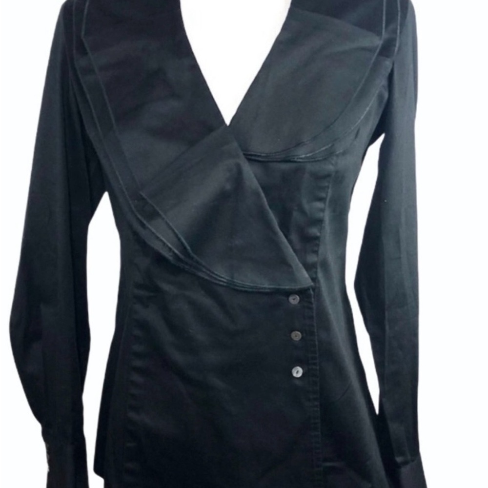 Black Whimsy Goth Victorian Inspired Button Up Shirt Wide Asymmetrical Collar